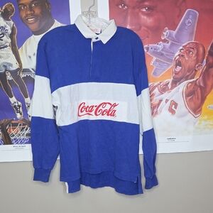 Vintage Coca Cola Rugby  Men's Blue and White Casual Shirt